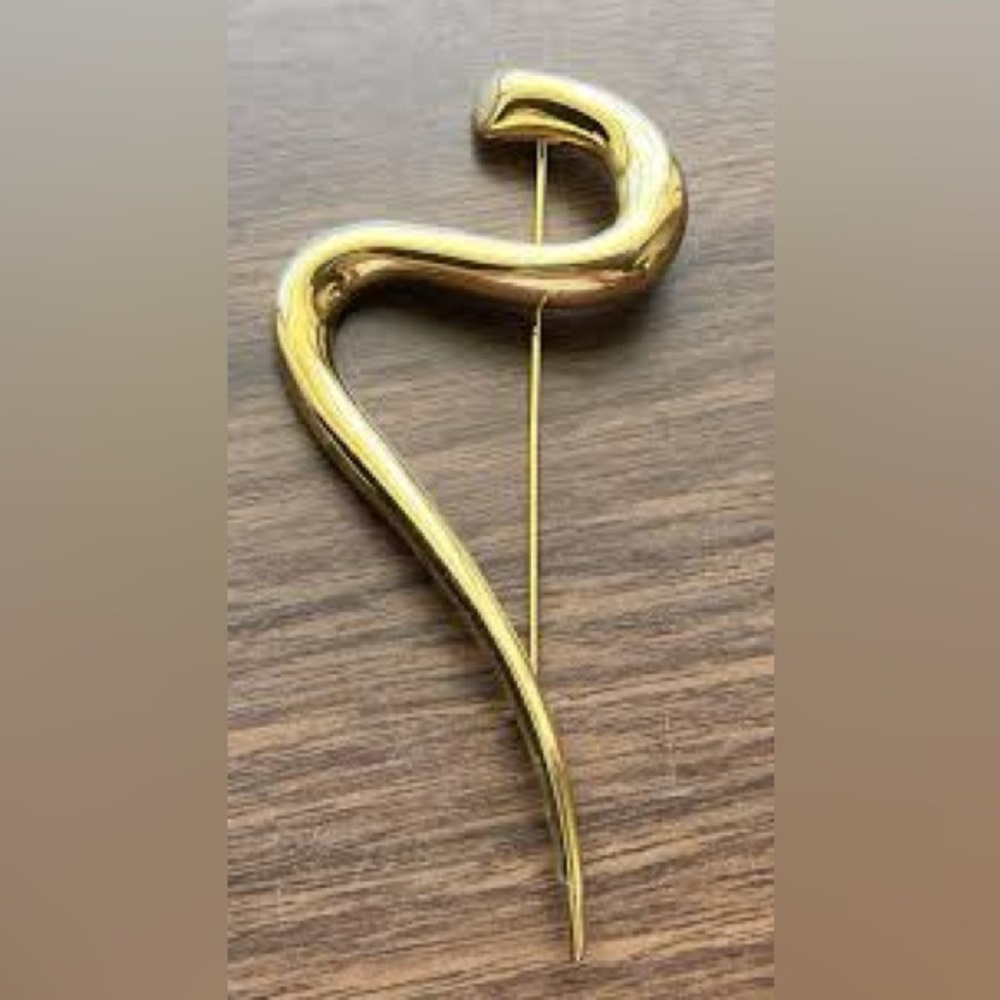 Vintage Brooch Pin Abstract Swirl Ocean Wave Chunky Gold Tone Modern